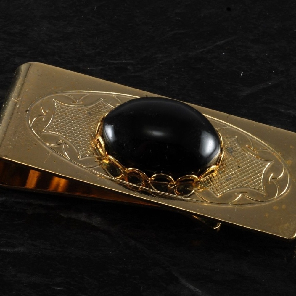 Vintage Black Onyx Gold Tone Etched  Money Clip